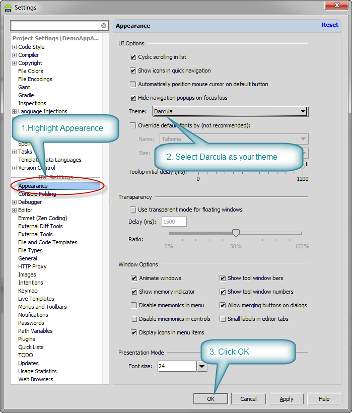 Setting Darcula Theme